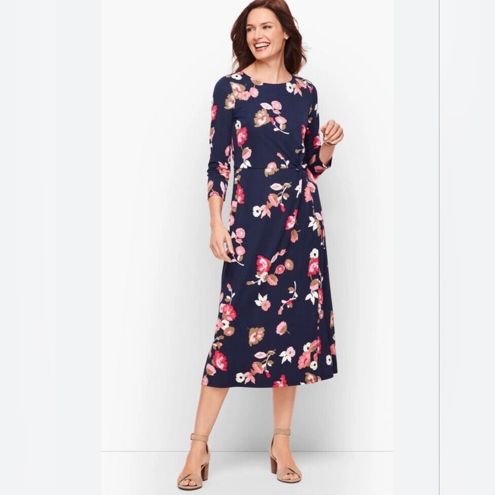 Talbots Navy Blue and Pink Floral Midi Long Sleeve Jersey Sheath Dress